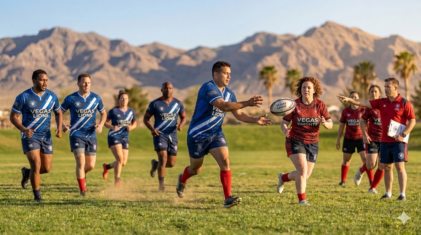 Adult beginners playing rugby in Las Vegas with American Pro Rugby — players passing the ball during practice on a sunny Nevada field