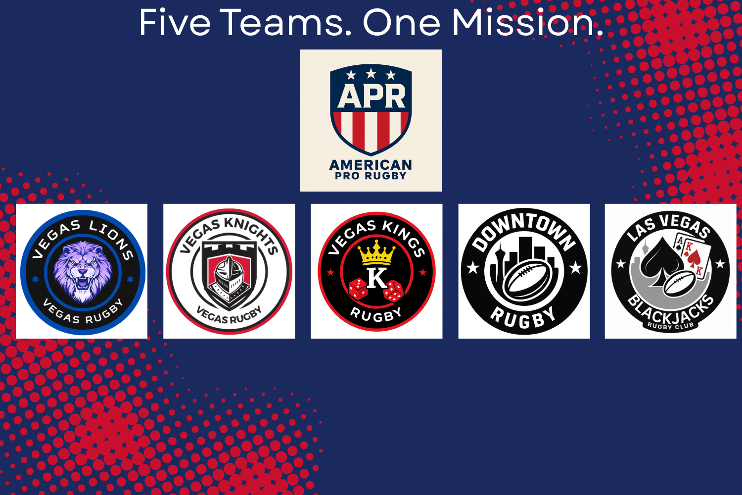 American Pro Rugby five Las Vegas teams logos — Vegas Kings, Vegas Knights, Blackjacks, Downtown Rugby, and Vegas Lions
