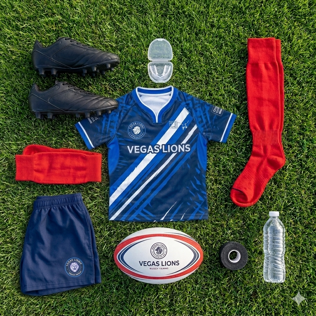 Essential rugby gear for beginners — cleats, mouthguard, rugby shorts, and rugby ball laid out on grass