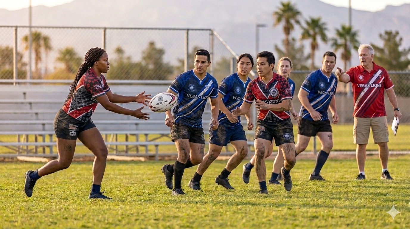 Rugby players doing passing drills during practice — adult beginners training with American Pro Rugby in Las Vegas