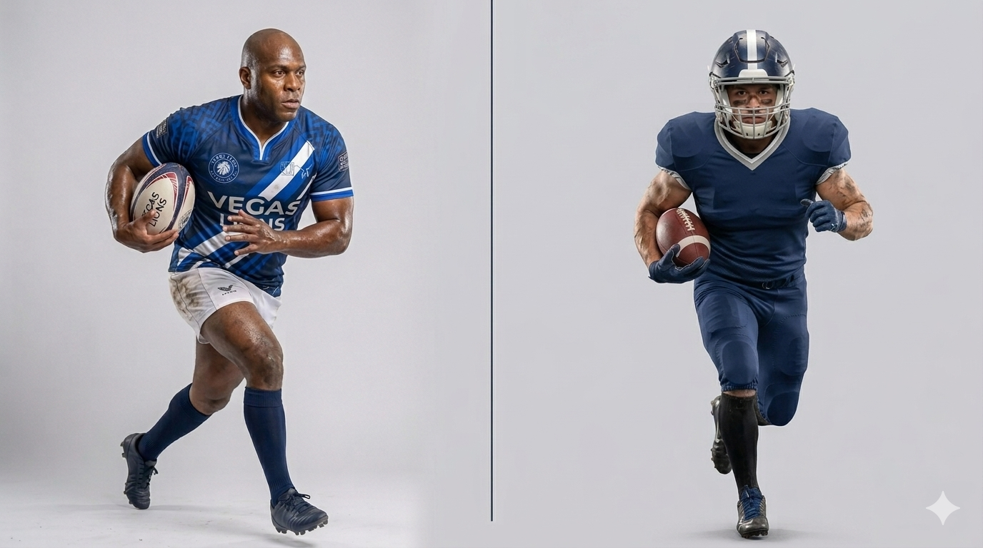Infographic comparing rugby and American football — scoring, positions, and gameplay differences for beginners