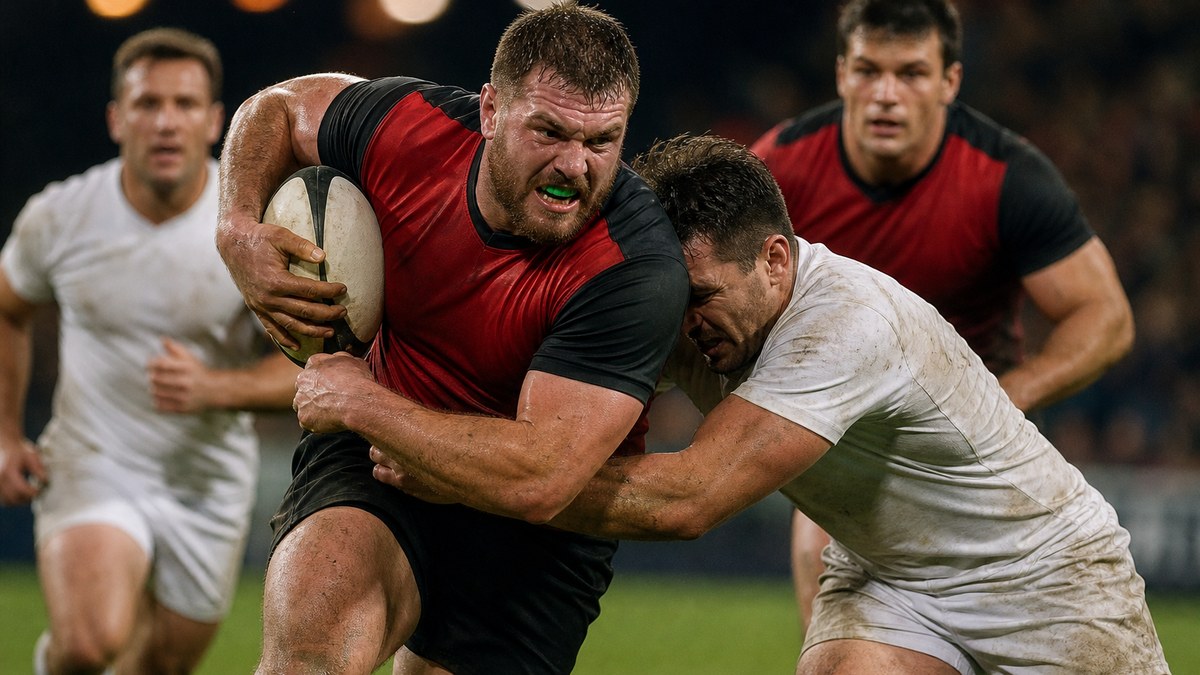 10s rugby players breaking through a tackle under stadium floodlights at night