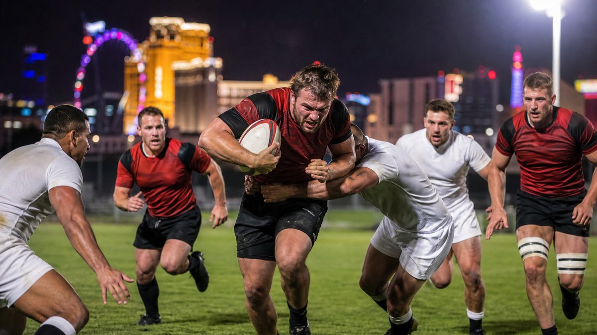 10s rugby positions in action: a forward carries the ball into contact as backs support under floodlights at night