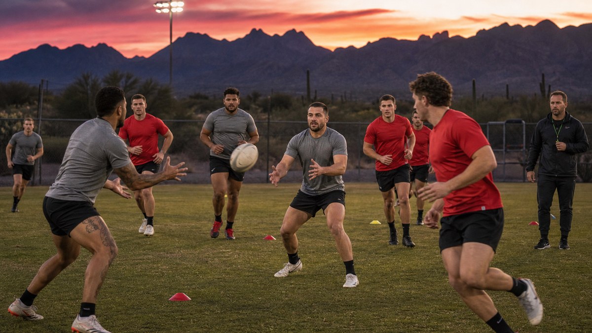 Amateur rugby players running a training drill on a floodlit field at dusk in the American desert