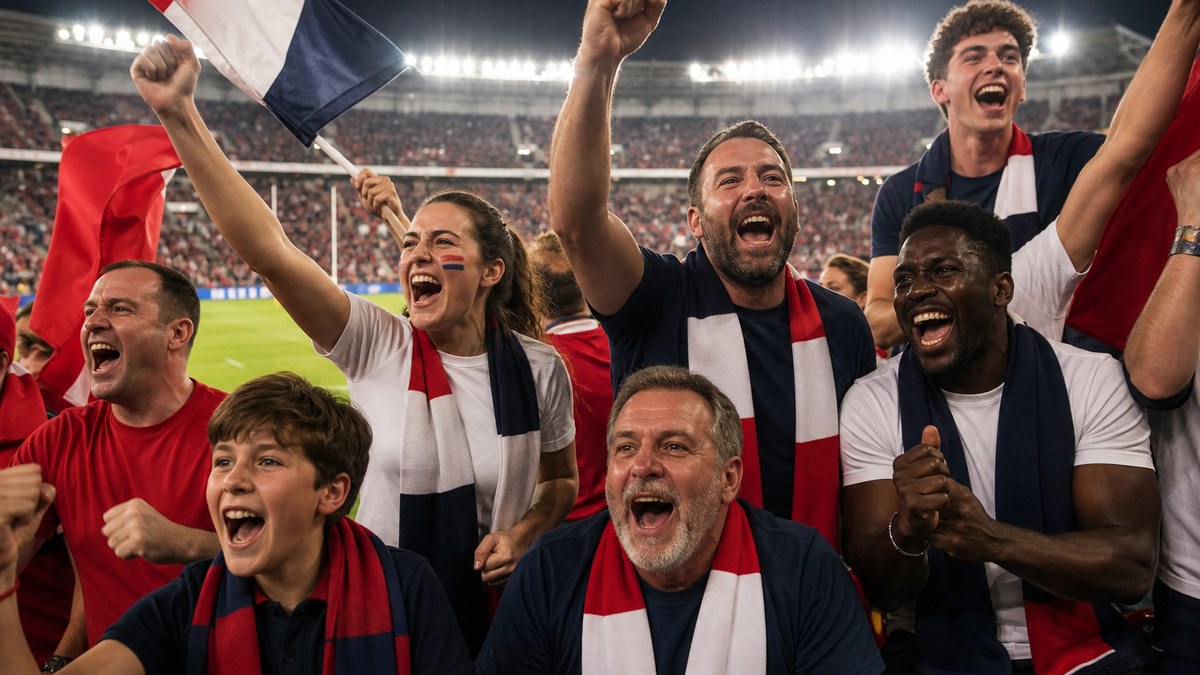 American rugby fans in a stadium cheering a USA Eagles home test match at night