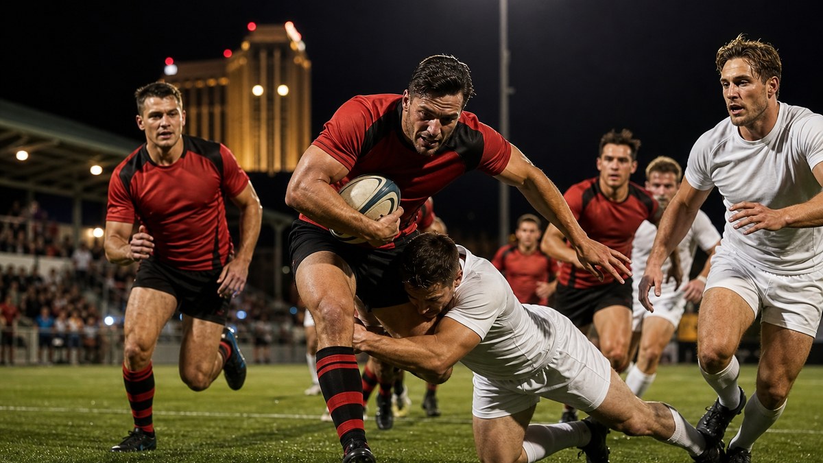 Rugby players contesting the ball in a floodlit 10s match at the APR Games 2027 in Las Vegas