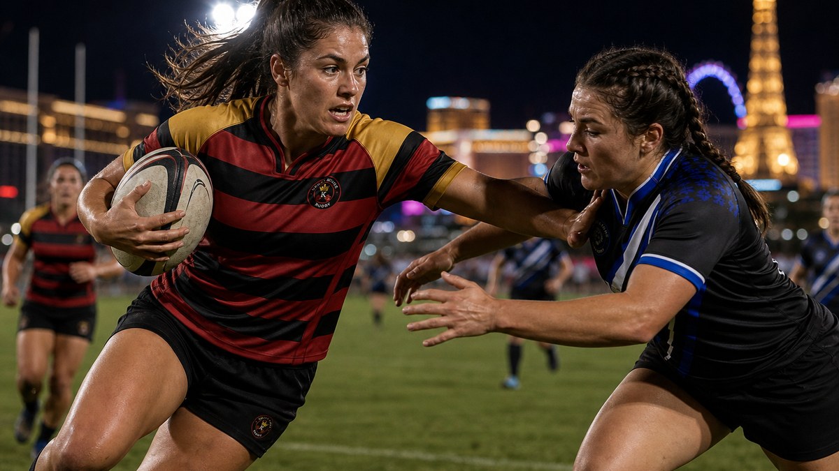 Illustration of a Vegas Kings ball carrier in red and black hoops taking on a Vegas Lions defender in black and blue under floodlights