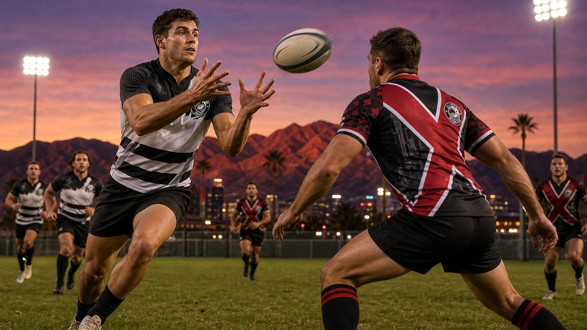 Illustration of a Downtown Rugby winger catching a spin pass with hands ready as a Vegas Blackjacks defender drifts across at desert dusk