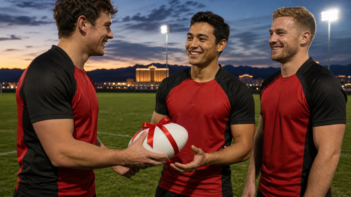 Gifts for rugby players: teammates in plain red and black kit share a ribbon-wrapped rugby ball on a floodlit pitch at dusk