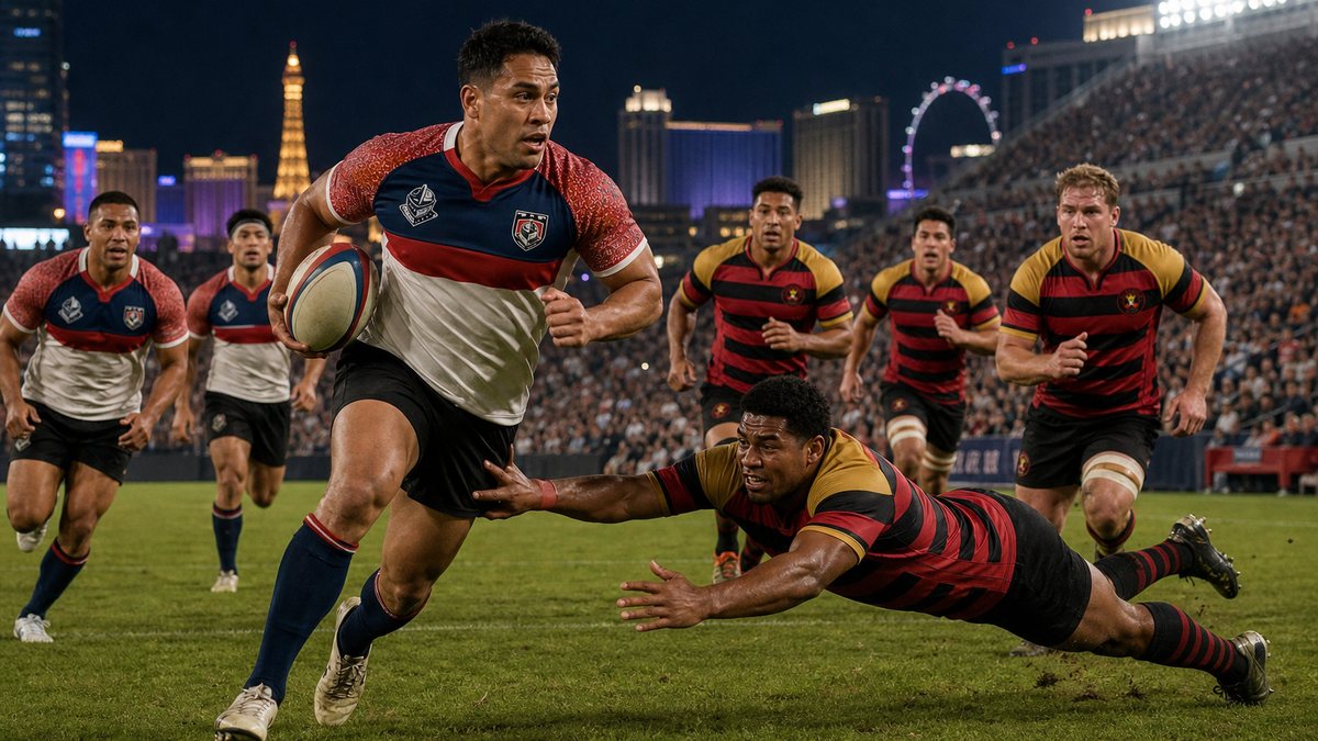 Illustration of a Vegas Knights ball carrier sprinting past a diving Vegas Kings defender in a floodlit 10s rugby game in Las Vegas