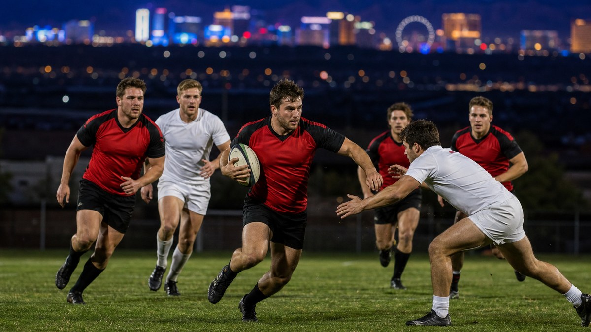 10s rugby players sprinting in a floodlit night match with the Las Vegas skyline glowing behind the stadium