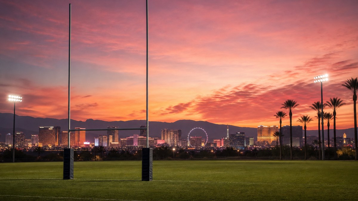 Rugby pitch under floodlights at dusk with a desert city skyline glowing in the distance