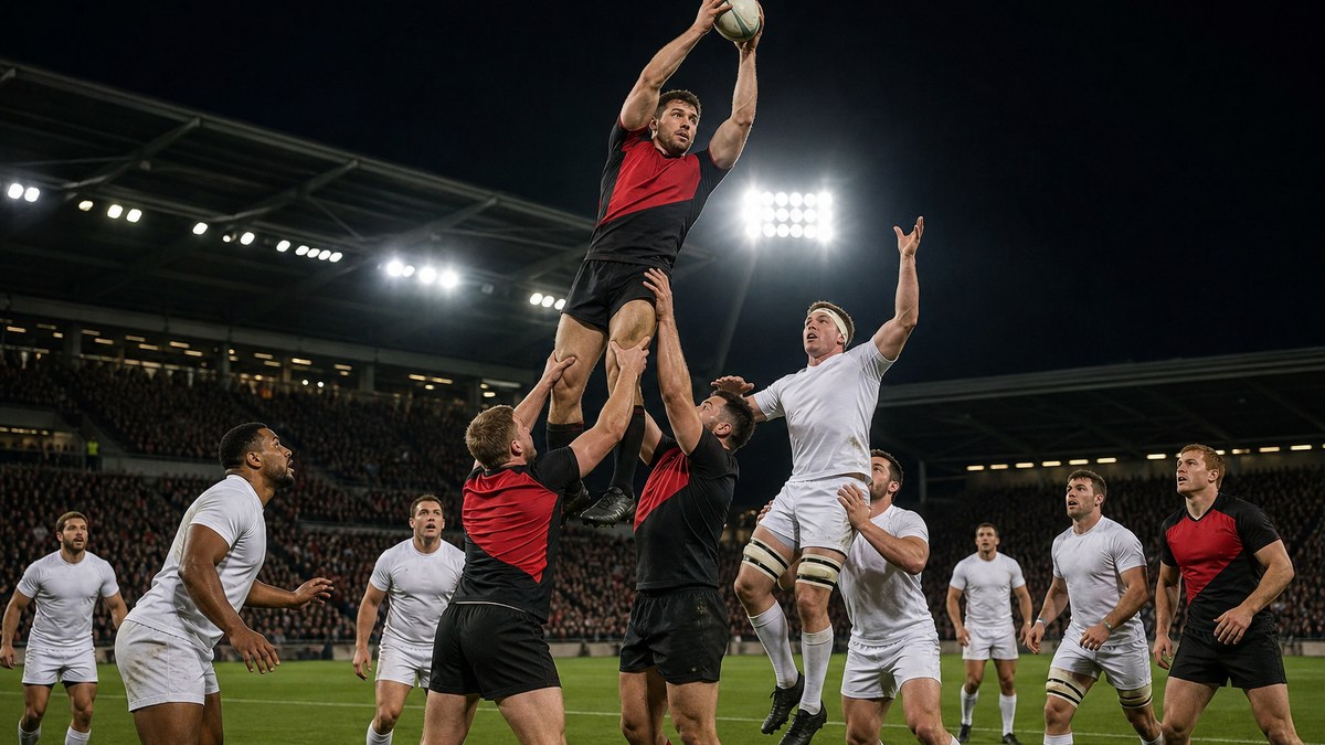 Pro rugby players in the USA contesting a lineout under stadium floodlights at night