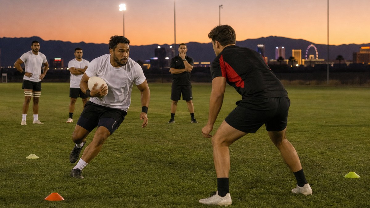 Rugby backs practicing one-on-one open-field tackling drill on a floodlit training pitch at dusk in the desert