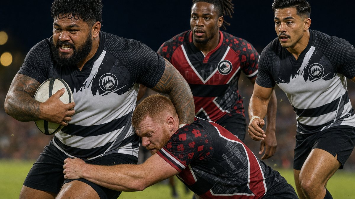 Illustration of a Downtown Rugby ball carrier driving through a Vegas Blackjacks tackle at night under floodlights