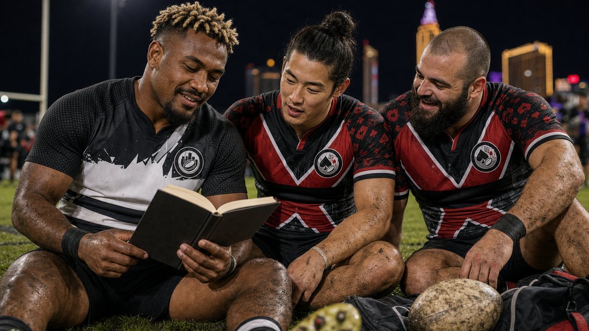 Illustration of a Downtown Rugby player reading a book with two Vegas Blackjacks players after a floodlit match in Las Vegas