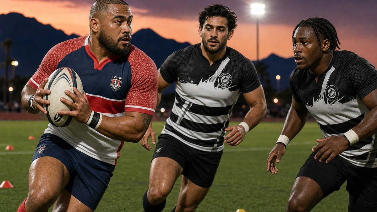 Illustration of a Vegas Knights player securing a caught ball at his chest as Downtown Rugby players close in during a catching drill at desert dusk