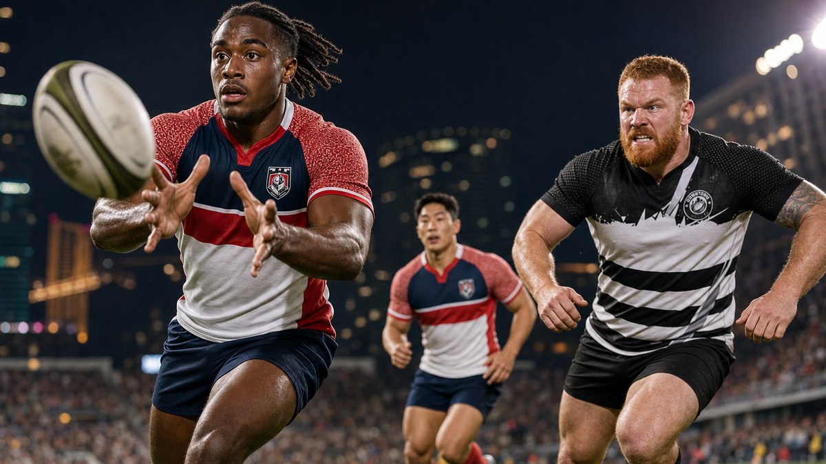 Illustration of a Vegas Knights winger reaching out with hands ready to catch a pass as a Downtown Rugby defender closes in under floodlights in Las Vegas