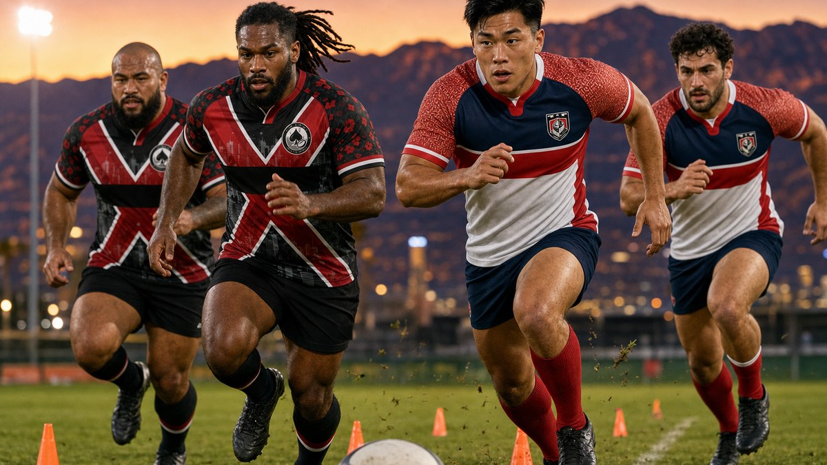Illustration of Vegas Blackjacks and Vegas Knights players sprinting through cones in a rugby conditioning session at desert dusk in Las Vegas