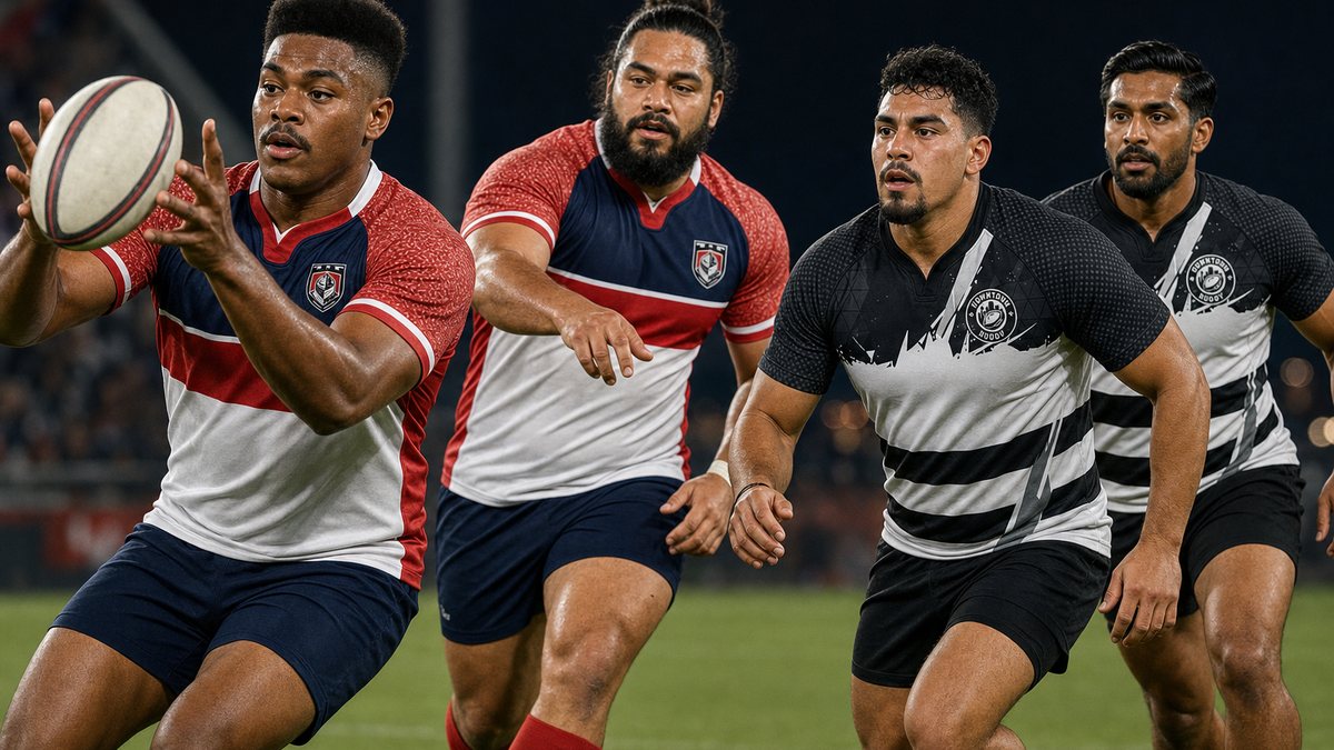 Illustration of a Vegas Knights player catching a flat pass in front of his chest with fingers spread as Downtown Rugby defenders drift across at night