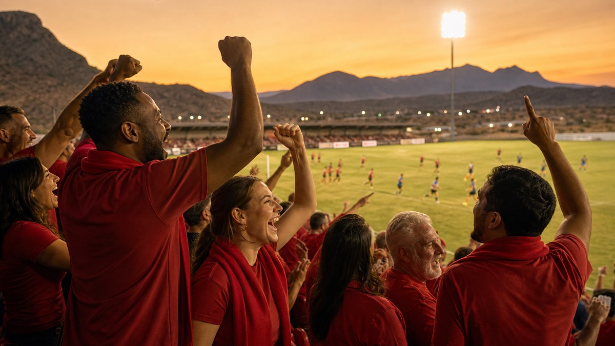 Rugby fans in plain red shirts cheering at a floodlit night match with desert mountains at dusk, the kind of experience gift rugby lovers remember
