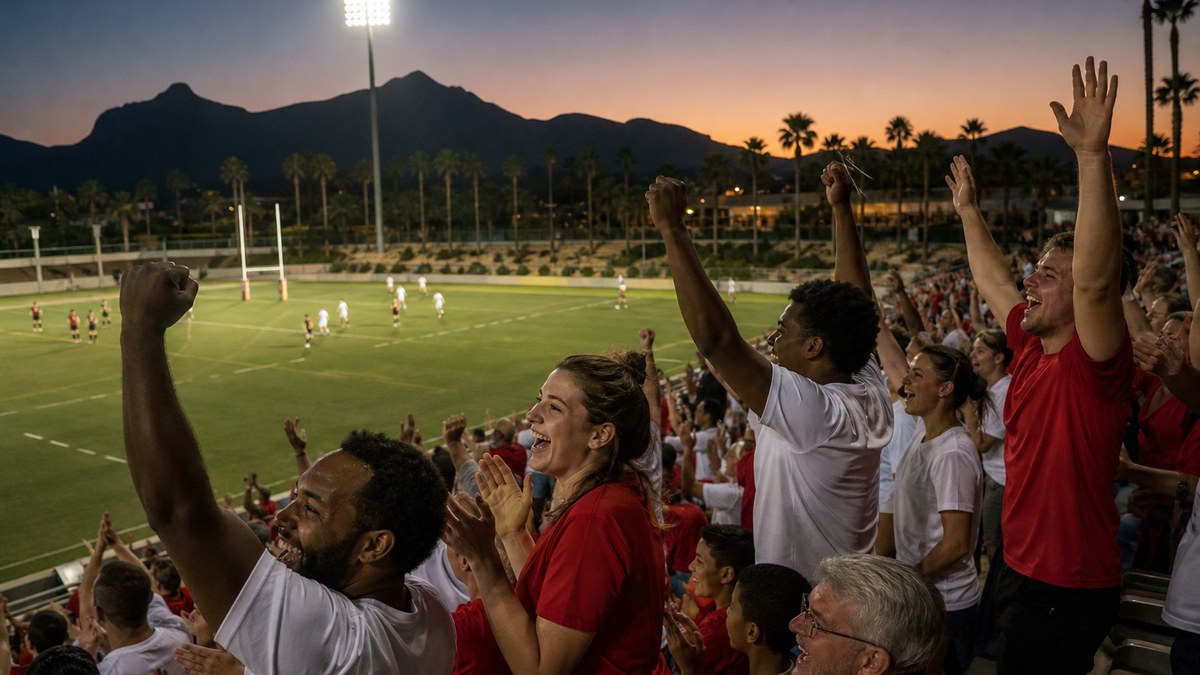 Rugby fans cheering in the stands during a floodlit night rugby match in the desert