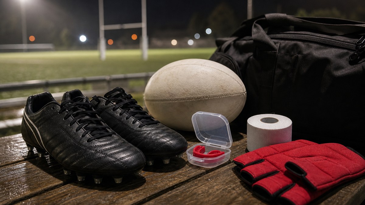Rugby gift ideas laid out on a bench beside a floodlit pitch: rugby boots, a mouthguard case, a training ball and a kit bag