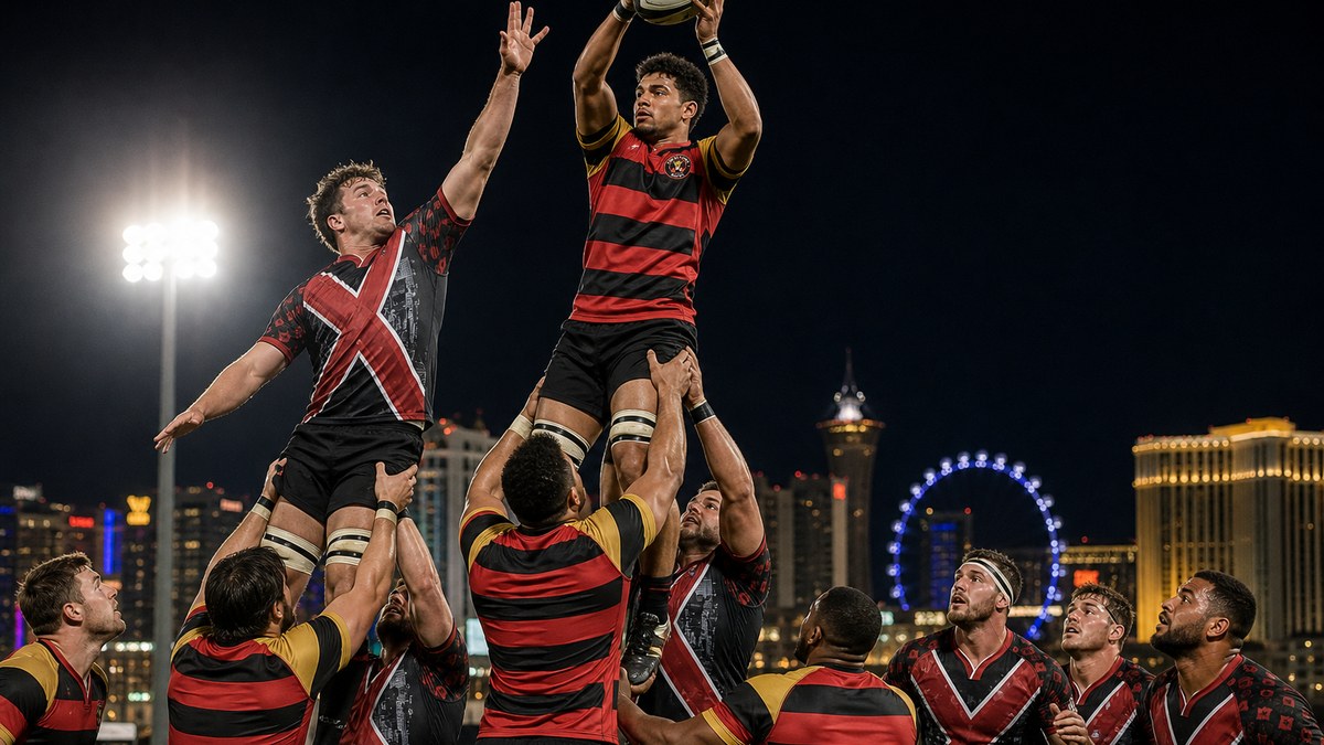 Illustration of a Vegas Kings jumper in red and black hooped jersey catching a lineout throw while a Vegas Blackjacks jumper contests under floodlights