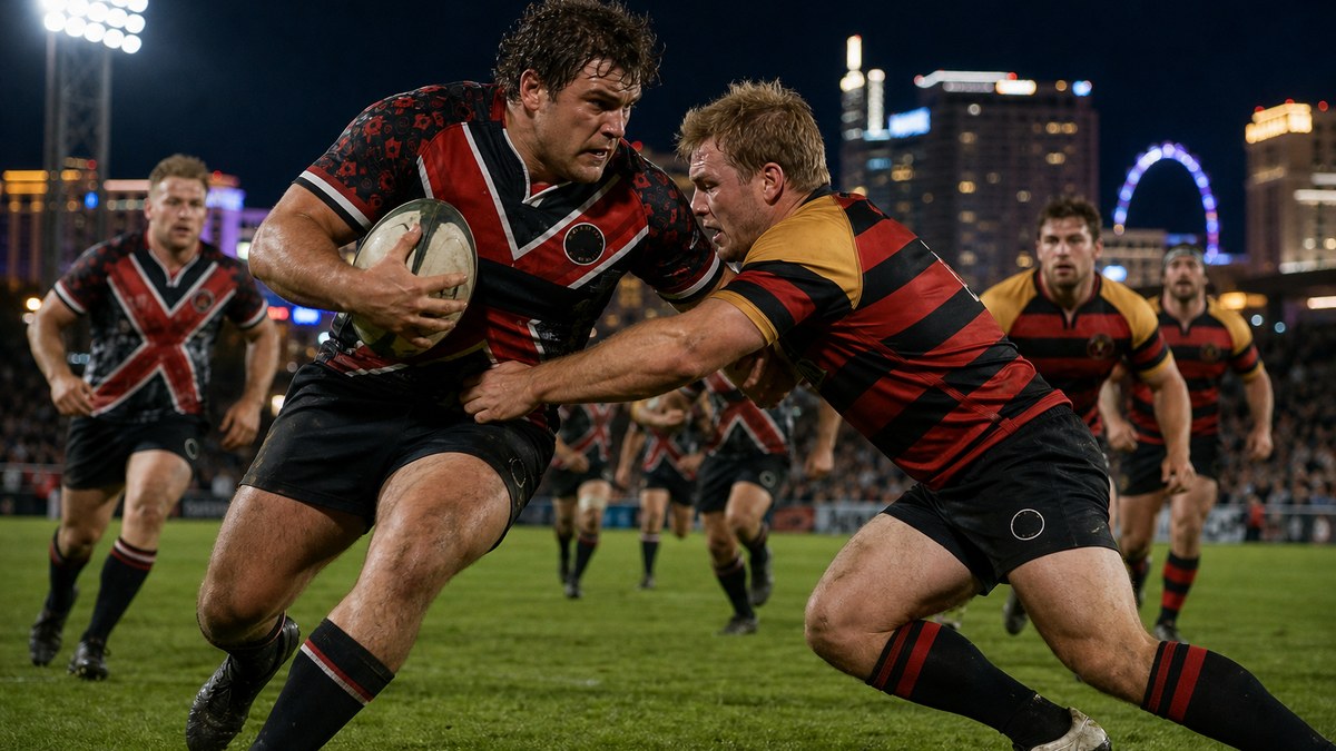 Illustration of a Vegas Blackjacks ball carrier driving into a Vegas Kings tackler in a floodlit 10s rugby game, both teams in their APR jerseys