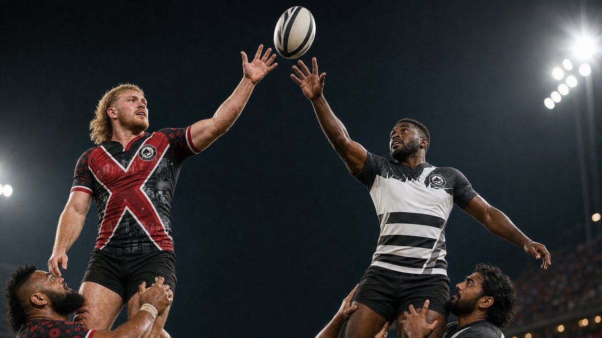 Illustration of a lineout contest between Vegas Blackjacks and Downtown Rugby jumpers under stadium lights