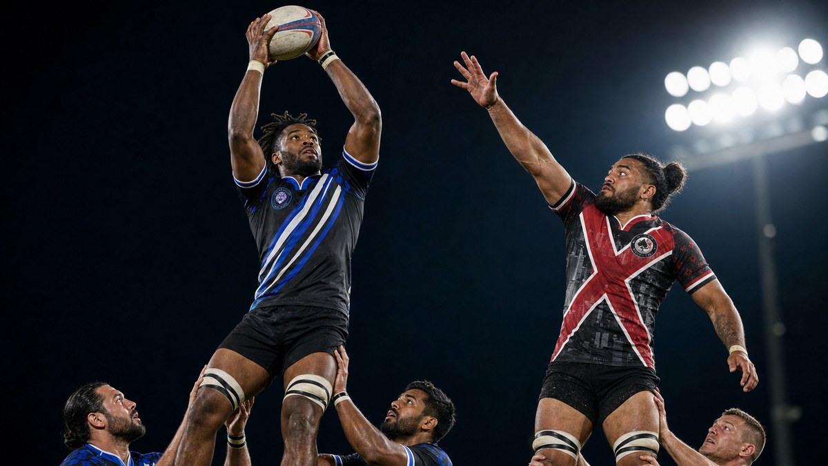 Illustration of a lineout contest between Vegas Lions and Vegas Blackjacks jumpers lifted under stadium floodlights, both teams in their APR jerseys