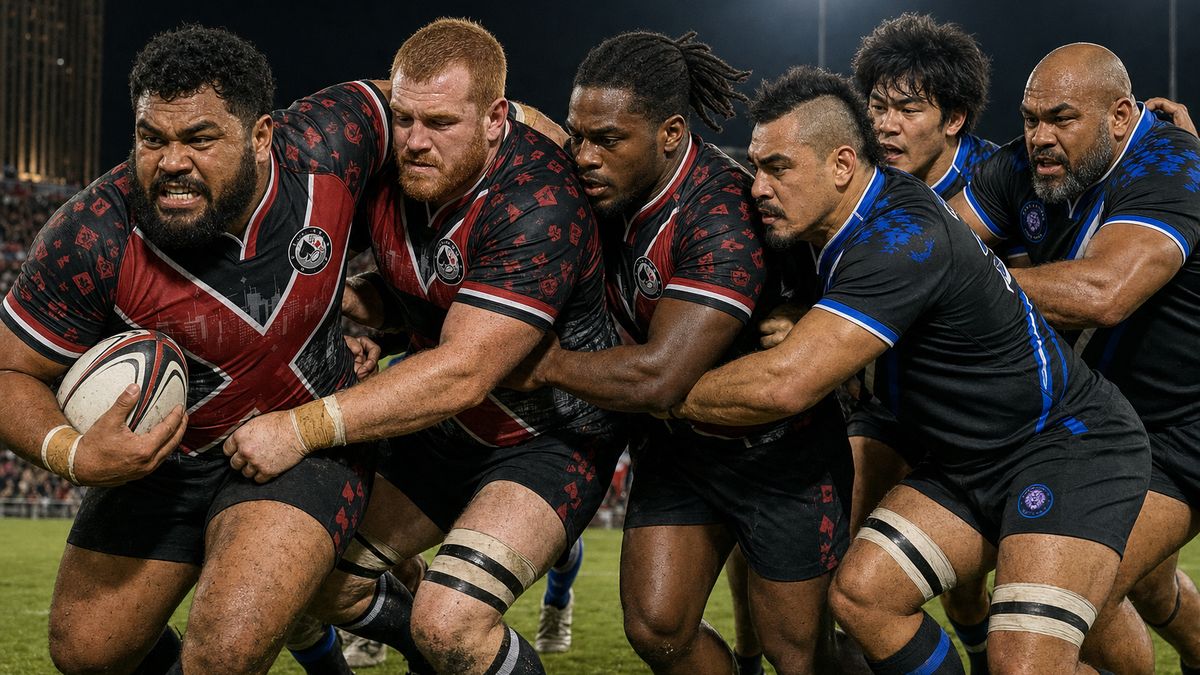 Illustration of a Vegas Blackjacks driving maul pushing against Vegas Lions defenders in a floodlit 10s rugby game, both teams in their APR jerseys