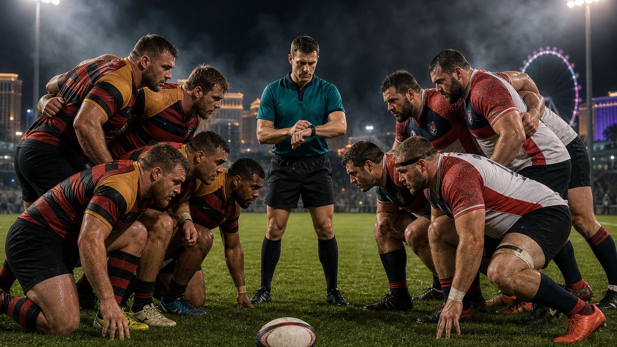 Illustration of a rugby referee checking his watch as Vegas Kings and Vegas Knights forwards crouch to set a scrum under floodlights