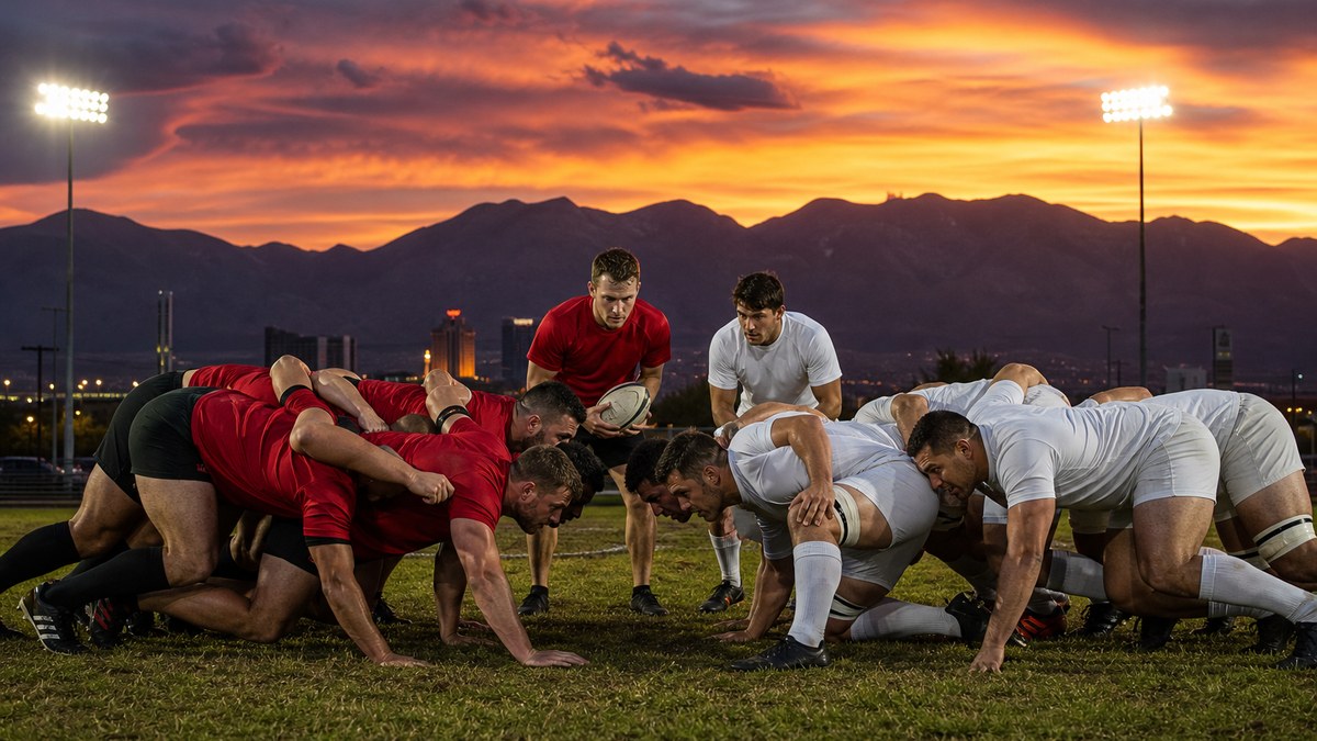 Two rugby teams packing down for a scrum at dusk with desert mountains behind the floodlit pitch