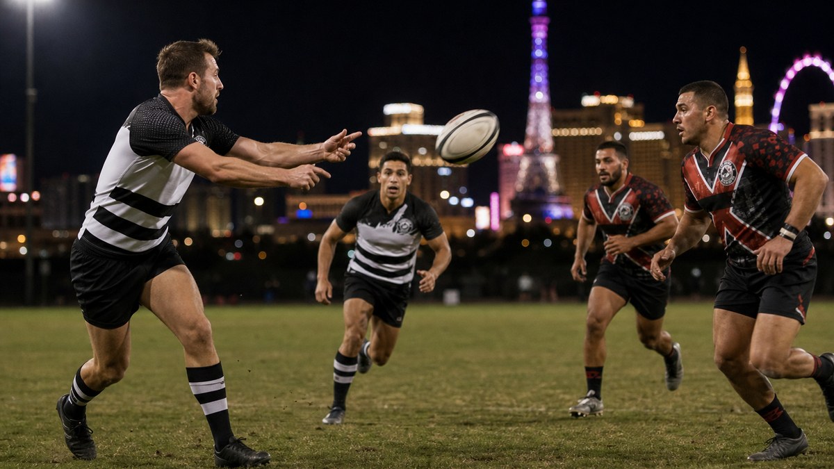 Illustration of a Downtown Rugby player throwing a spin pass as Vegas Blackjacks defenders rush up under floodlights in Las Vegas
