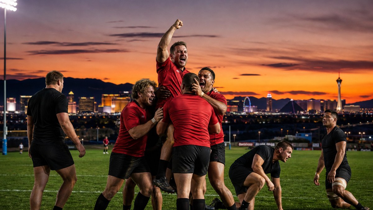 Rugby team celebrating a try together under floodlights at dusk with a desert city skyline behind