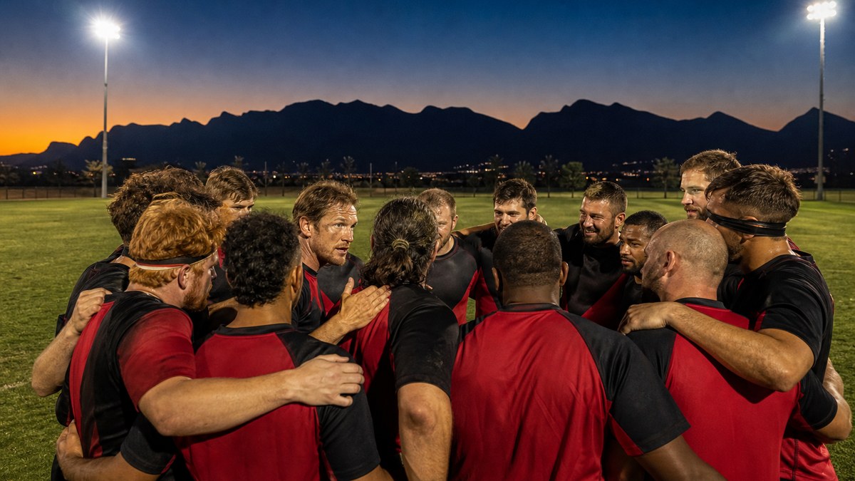 Rugby players gathered in a team huddle on a floodlit field at dusk with desert mountains in the background