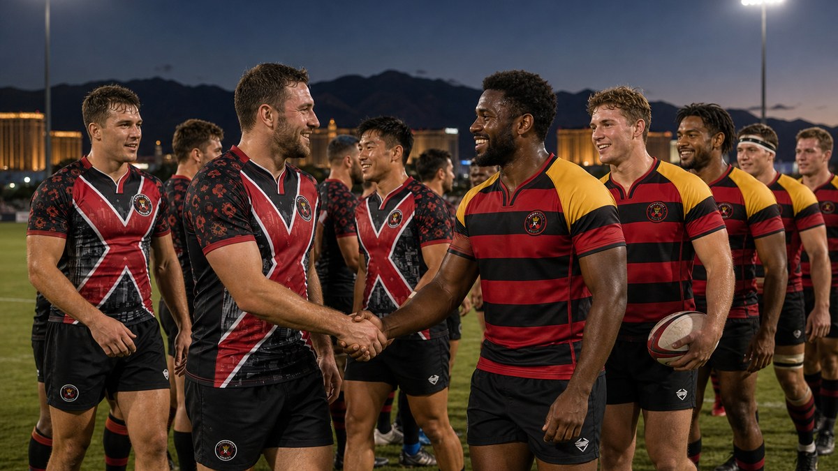 Illustration of Vegas Blackjacks and Vegas Kings players shaking hands at midfield after a 10s rugby game at desert dusk
