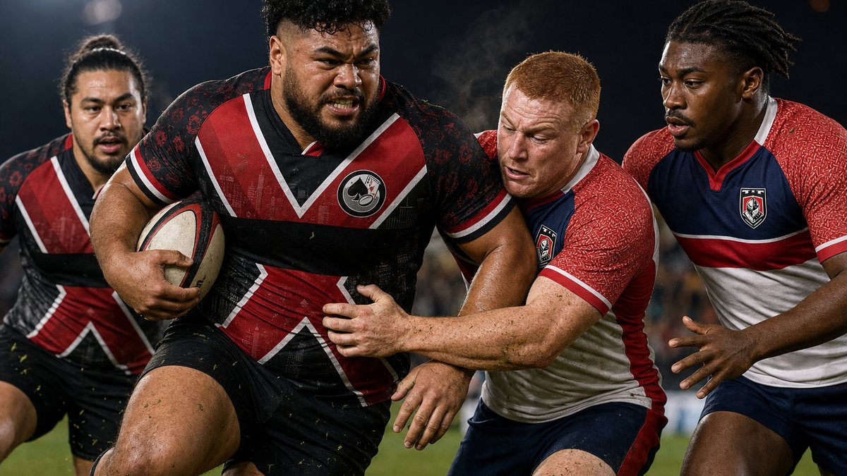 Illustration of a Vegas Blackjacks forward driving through two Vegas Knights tacklers under stadium floodlights in Las Vegas
