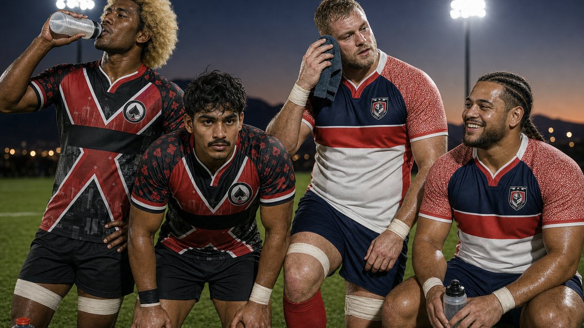 Illustration of Vegas Blackjacks and Vegas Knights players taking a water break during an evening rugby training game at desert dusk
