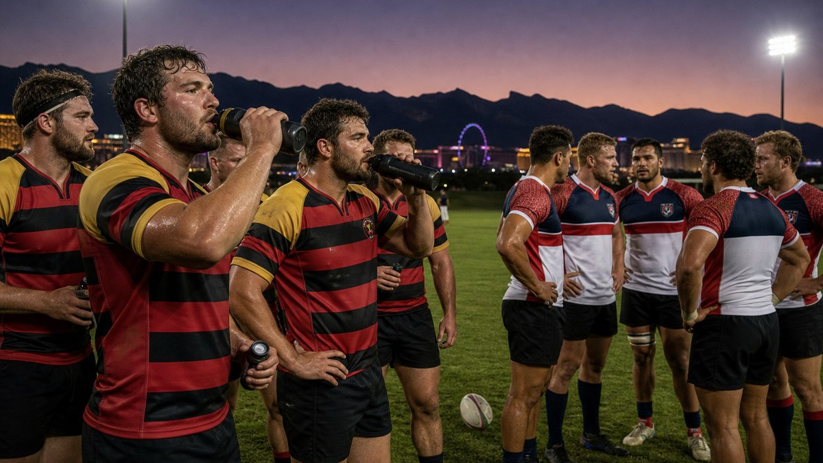 Illustration of Vegas Kings and Vegas Knights rugby players taking a water break on a floodlit pitch at desert dusk in Las Vegas
