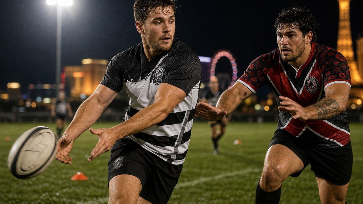 Illustration of a Downtown Rugby player in the follow-through of a spin pass as a Vegas Blackjacks defender closes in at night training