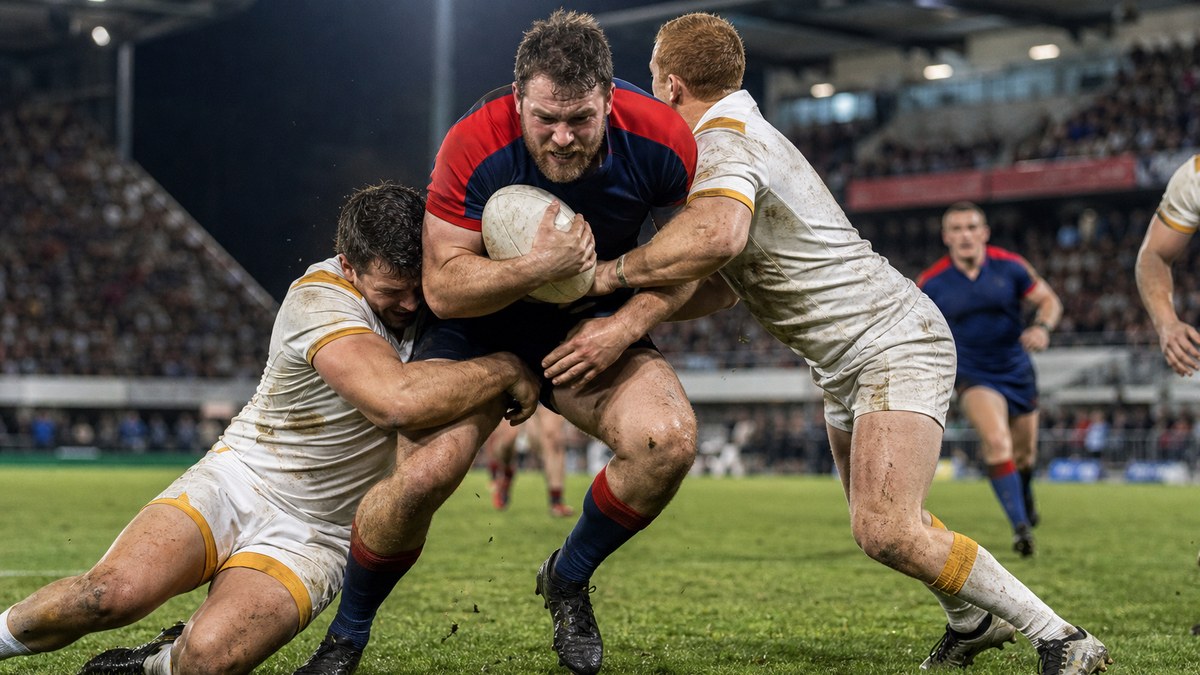 USA Eagles October series test match under stadium floodlights at night with a ball carrier driving into a tackle