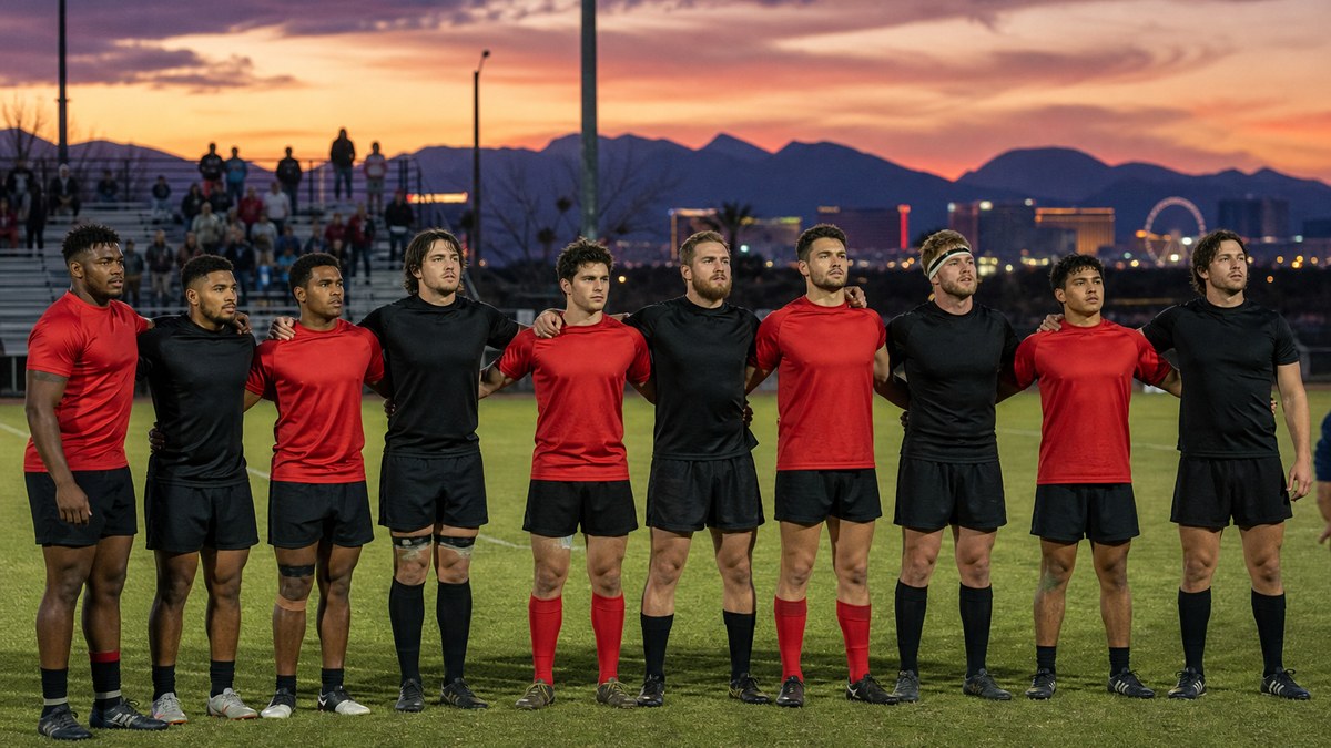 Amateur rugby players in plain red and black kit lining up before an evening 10s rugby match under floodlights