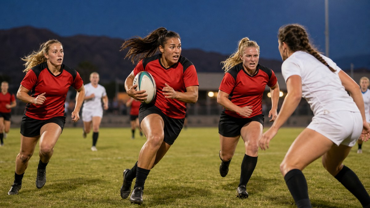 Women's 10s rugby players running a support line in an evening match under floodlights