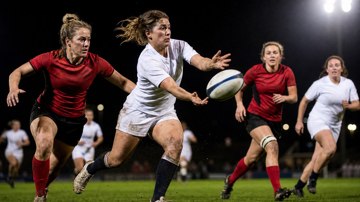 Women's 10s rugby player passing the ball in an evening match under stadium floodlights