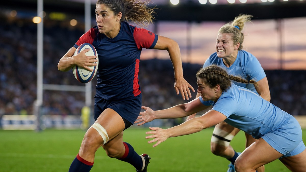 Women's rugby player sprinting with the ball past defenders in a floodlit international test match