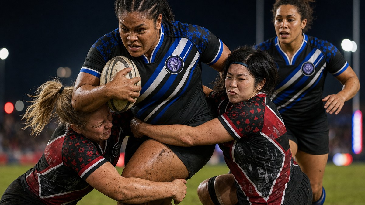 Illustration of a Vegas Lions women's forward carrying into two Vegas Blackjacks tacklers in a floodlit 10s rugby game, both teams in their APR jerseys