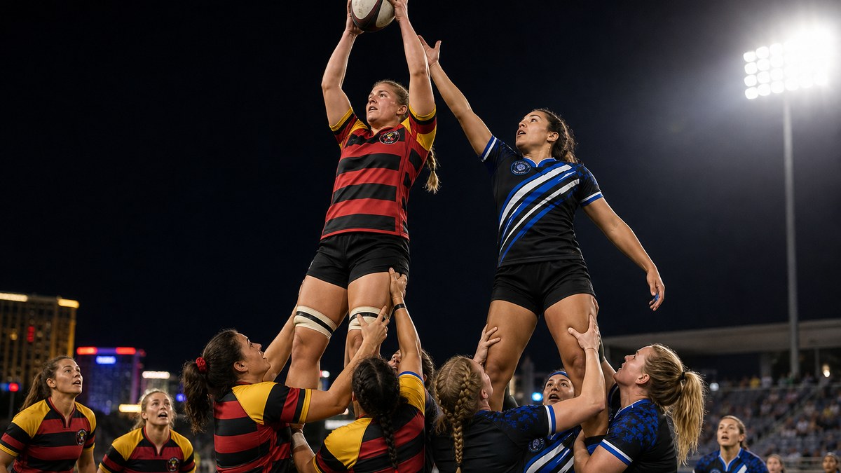 Illustration of a lineout contest between the Vegas Kings in red and black hoops and the Vegas Lions in black and blue under stadium lights