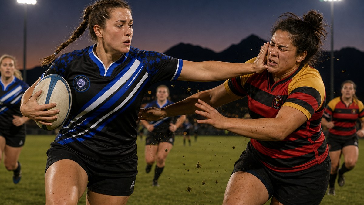 Illustration of a Vegas Lions player in black with blue and white slash stripes fending off a Vegas Kings tackler in red and black hoops at night
